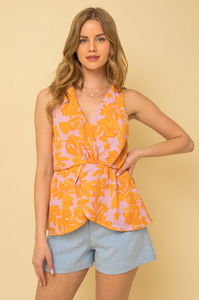 Lavender Floral Sleeveless Front Waist Twist Top - 40% OFF!