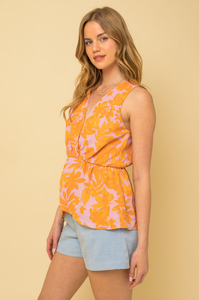 Lavender Floral Sleeveless Front Waist Twist Top - 40% OFF!