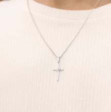 Load image into Gallery viewer, Girl&#39;s Flower CZ Sterling Silver Cross Necklace
