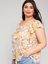 Load image into Gallery viewer, Plus Size Grey &amp; Yellow Ruffle Sleeve Square Neck Floral Top
