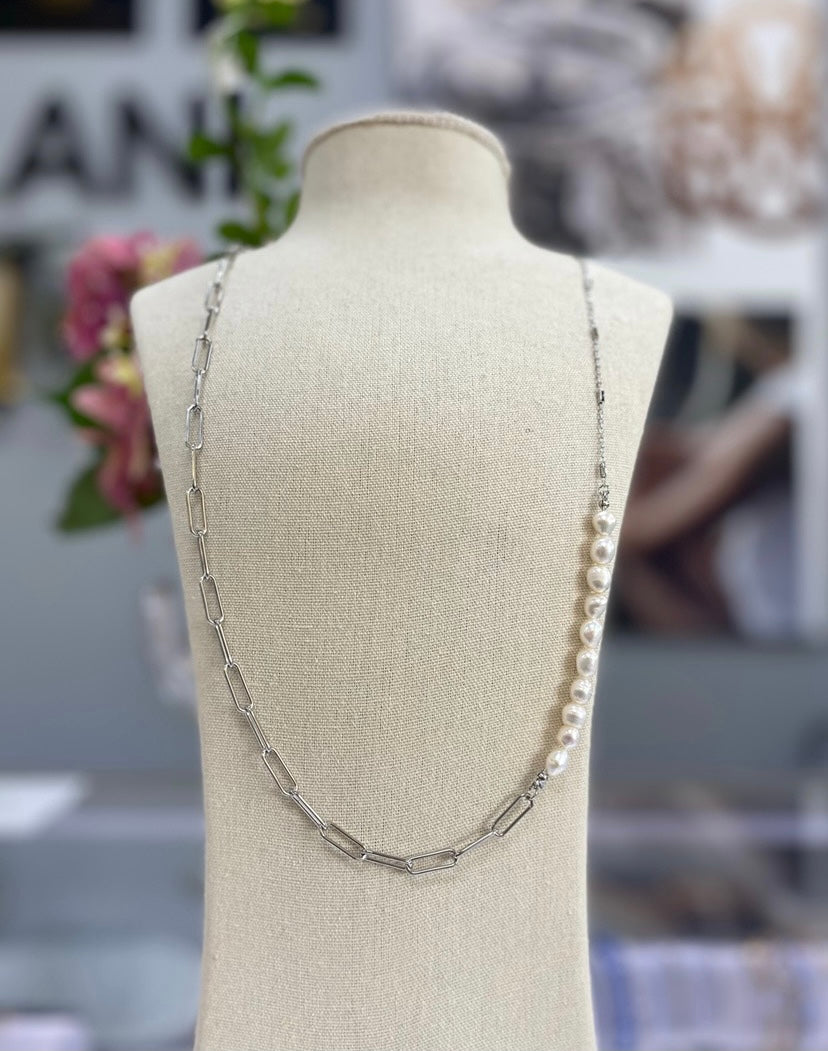 Silver Paperclip Chain with Pearls