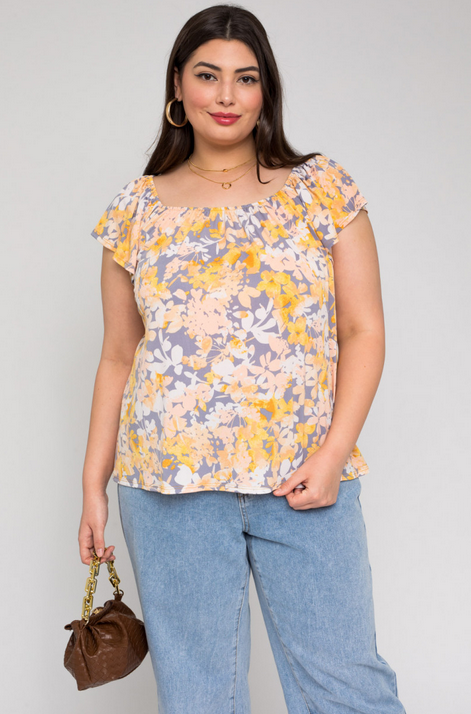 Plus Size Grey & Yellow Ruffle Sleeve Square Neck Floral Top