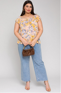 Plus Size Grey & Yellow Ruffle Sleeve Square Neck Floral Top